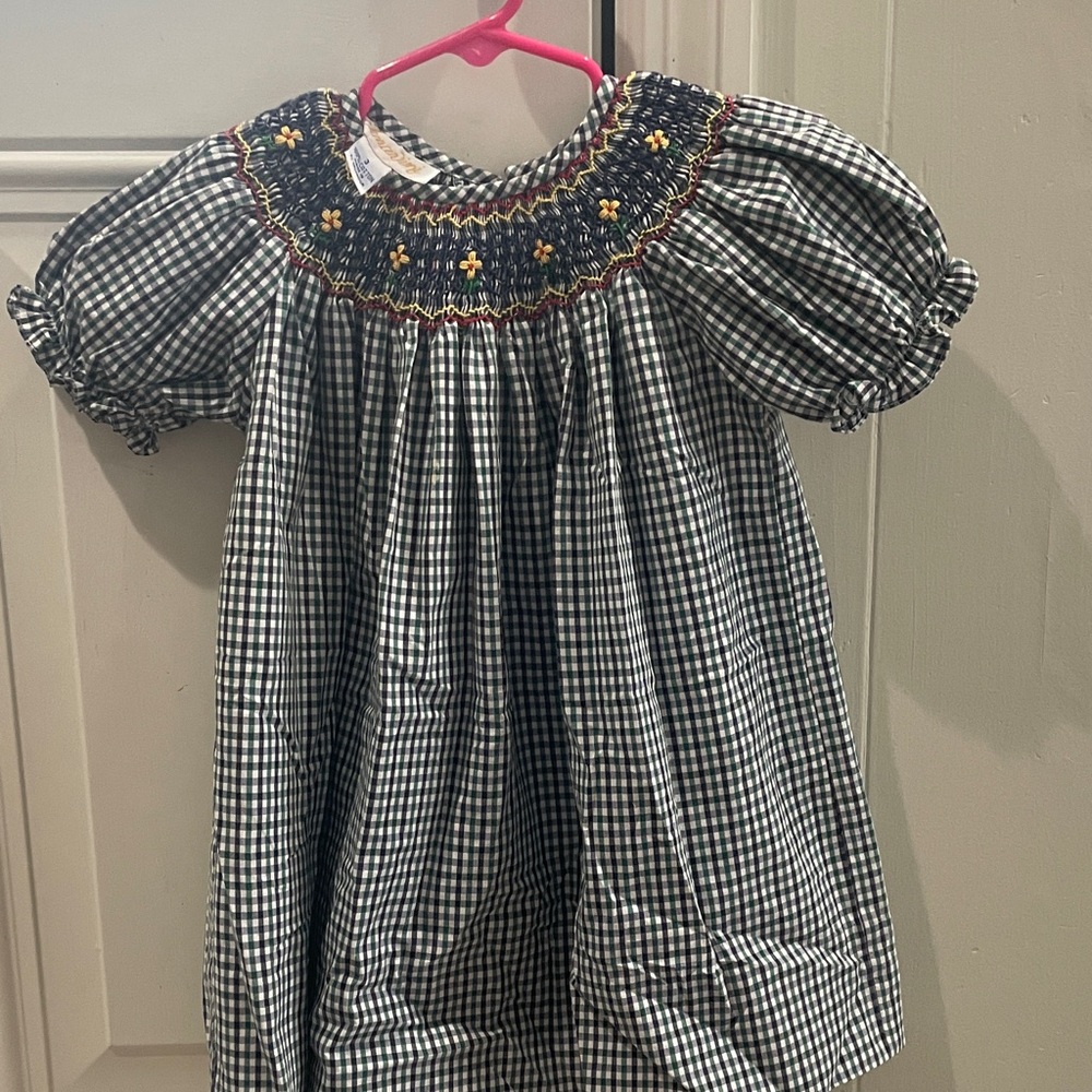 Anavini Navy blue, green, and White Gingham Smocked Dress
